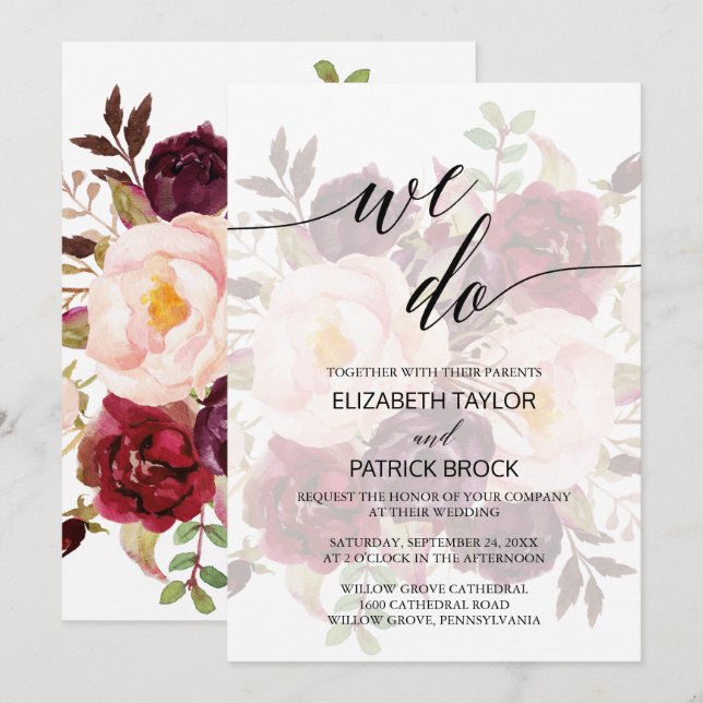 Invitation Élégante calligraphie | Flore fanée Nous faisons M (Devant / Derrière)