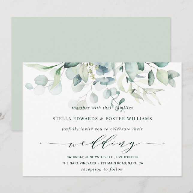 Invitation Élégante calligraphie Green Foliage Mariage (Devant / Derrière)