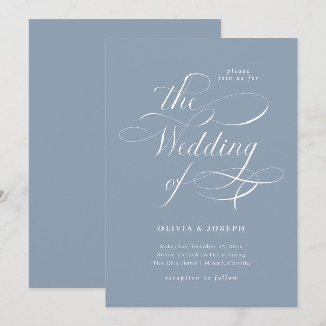 Invitation Élégante calligraphie | Mariage bleu Dusty (Devant / Derrière)