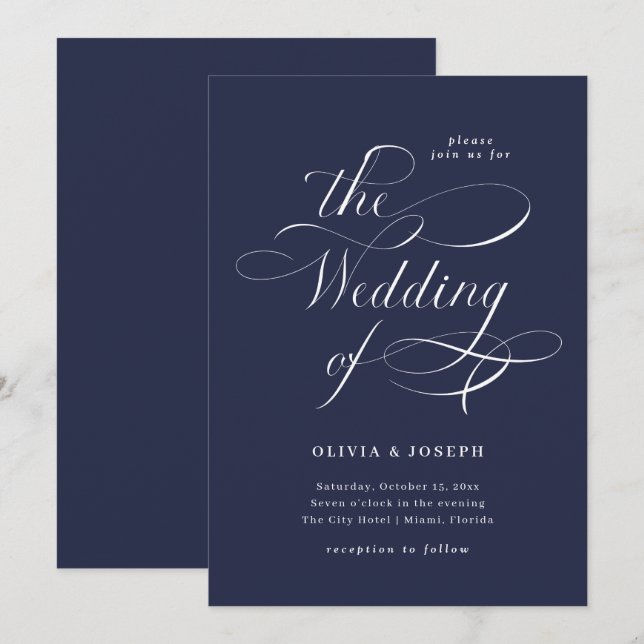 Invitation Élégante calligraphie| Mariage bleu marine (Devant / Derrière)