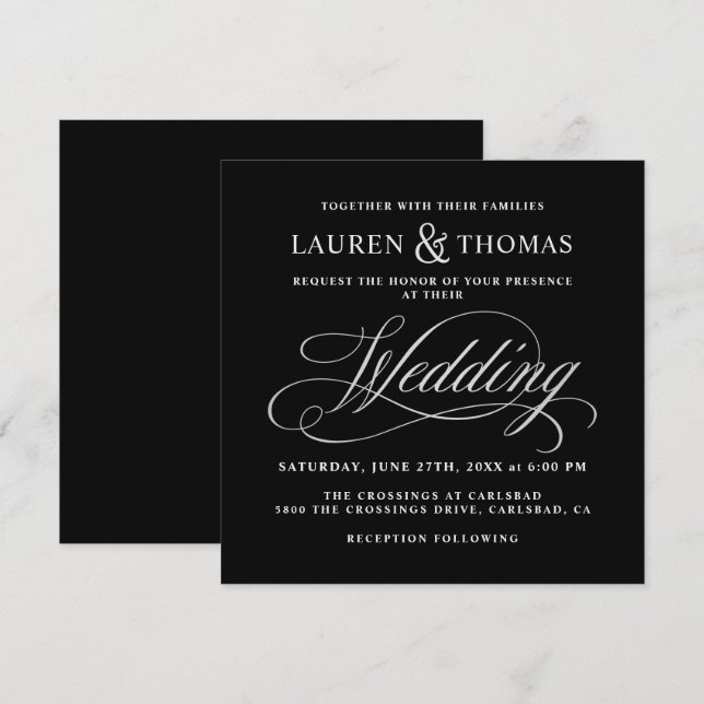 Invitation Élégante calligraphie Mariage noir et argent (Devant / Derrière)