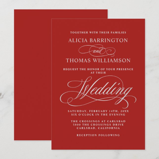 Invitation Élégante calligraphie Mariage rouge et argent (Devant / Derrière)