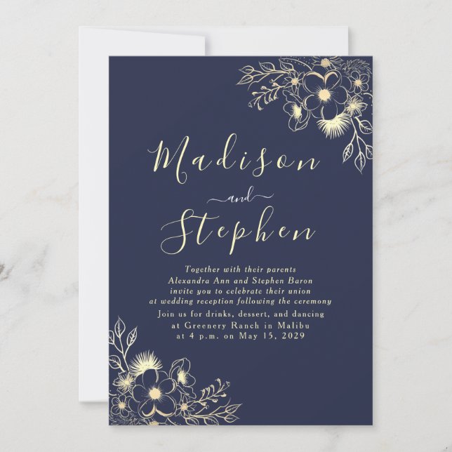 Invitation Élégante calligraphie Marine Bleu Mariage Réceptio (Devant)
