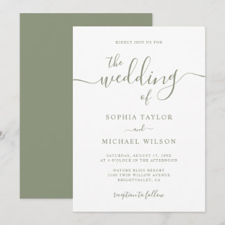 Invitation Élégante calligraphie moderne Sage Mariage vert