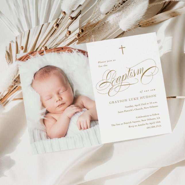 Invitation Élégante calligraphie Neutre Or Photo Baptême (Elegant calligraphy baby photo baptism invitation.)