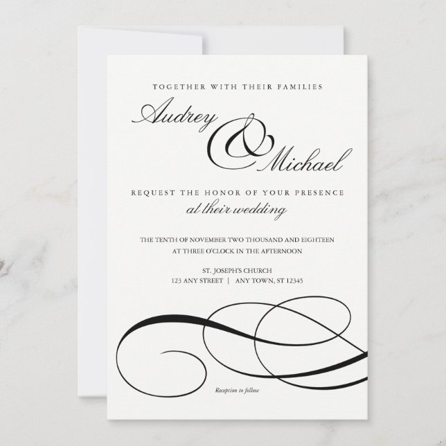 Invitation Élégante calligraphie Noir et Blanc Mariage Invita (Devant)
