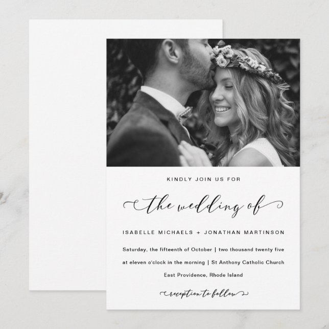Invitation Élégante calligraphie noir et blanc Mariage photo (Devant / Derrière)