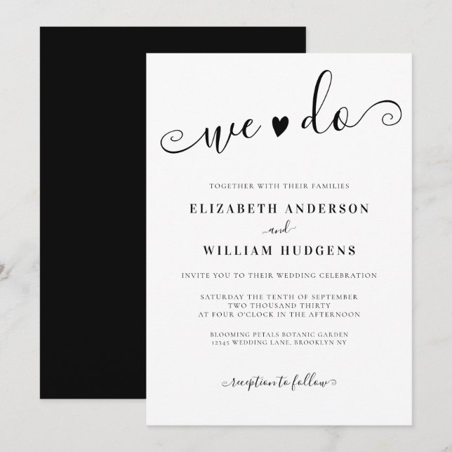 Invitation Élégante calligraphie noir et blanc Nous faisons M (Devant / Derrière)