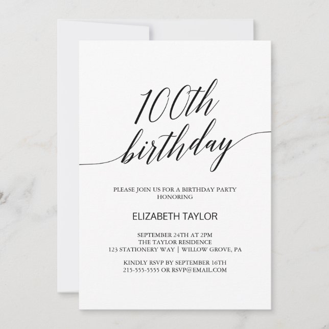 Invitation Élégante calligraphie noire 100e anniversaire (Devant)