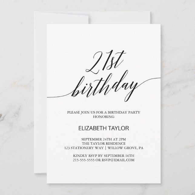 Invitation Élégante calligraphie noire 21e anniversaire (Devant)