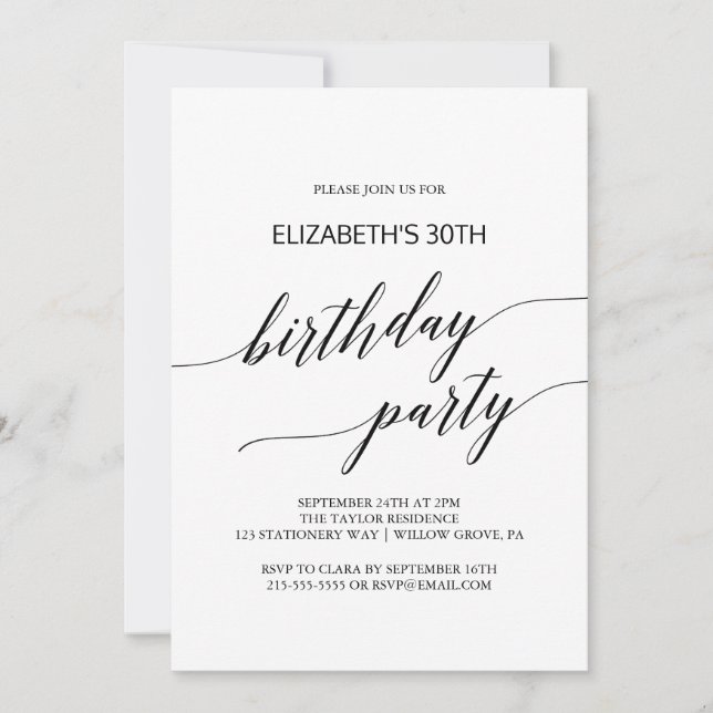 Invitation Élégante calligraphie noire fête d'anniversaire (Devant)