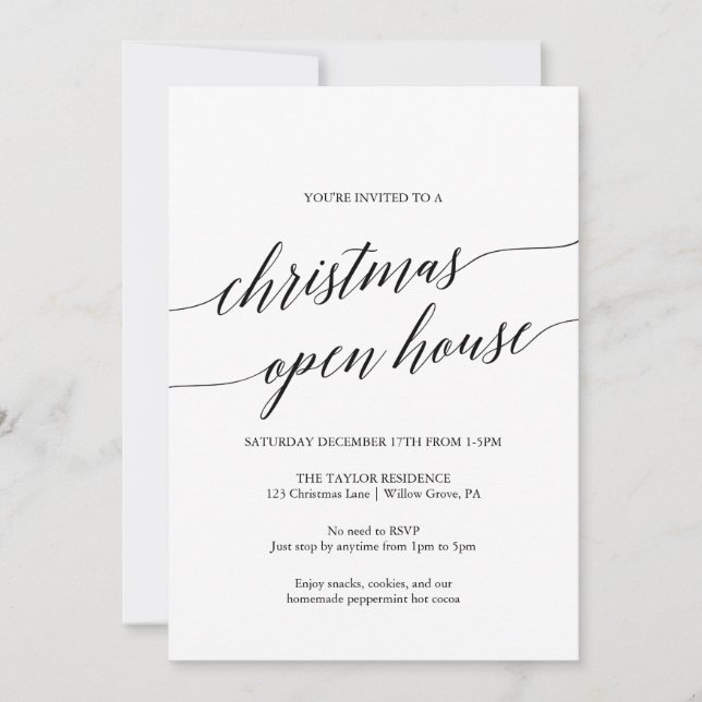 Invitation Élégante calligraphie noire Maison ouverte de Noël (Devant)