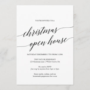 Invitation Élégante calligraphie noire Maison ouverte de Noël
