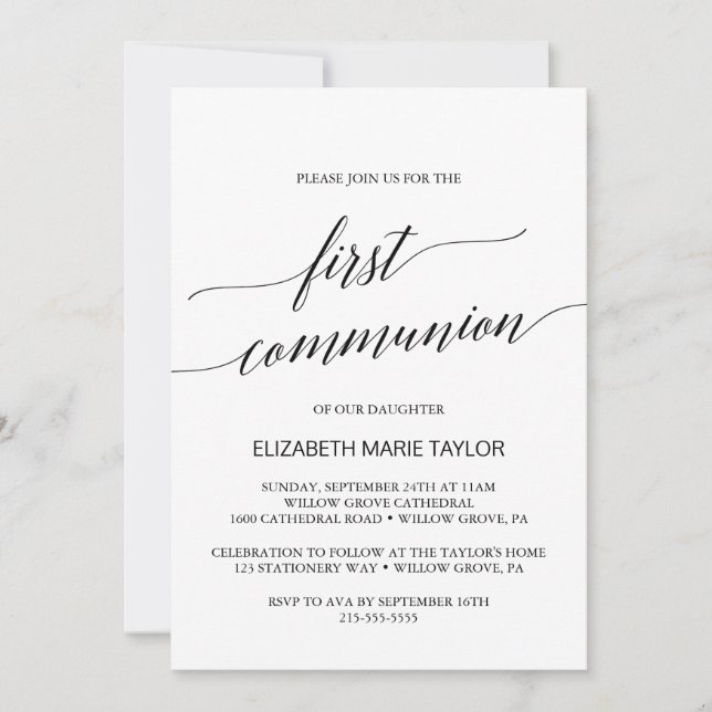 Invitation Élégante calligraphie noire Première communion (Devant)