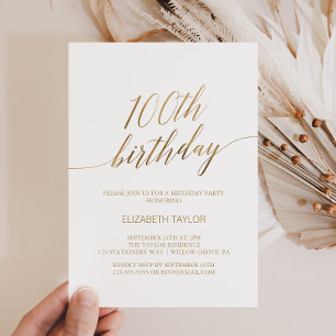 Invitation Élégante calligraphie or 100e anniversaire