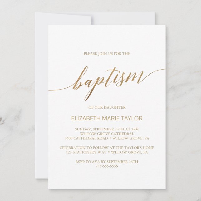 Invitation Élégante calligraphie Or Baptême (Devant)