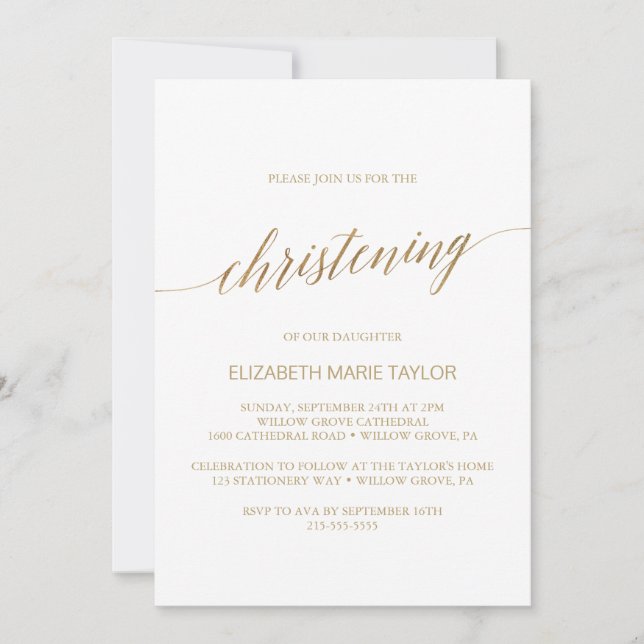 Invitation Élégante calligraphie or Christening (Devant)