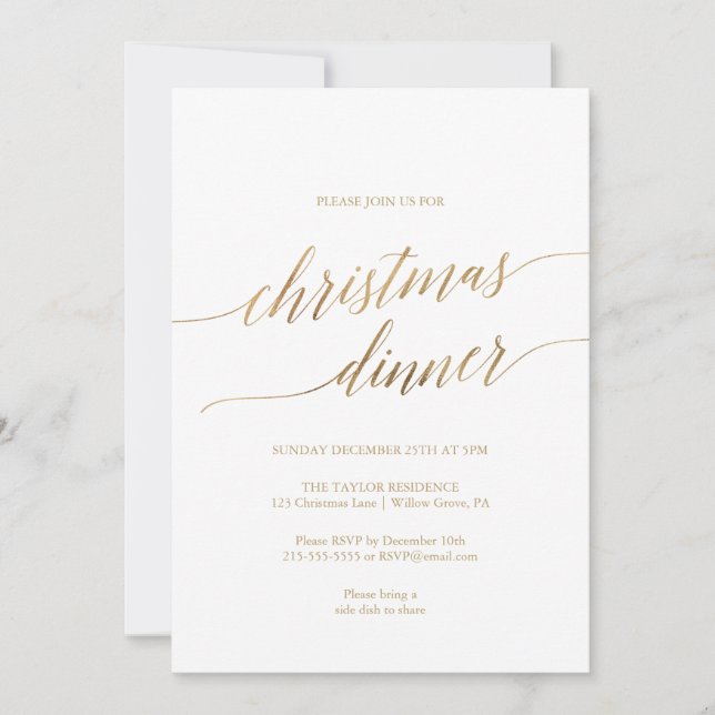 Invitation Élégante Calligraphie Or Dîner de Noël (Devant)