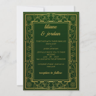 Invitation élégante calligraphie or émeraude Mariage vert éme
