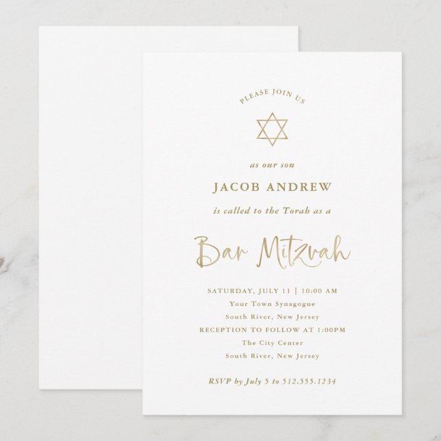 Invitation Élégante Calligraphie Or Faux | Bar Mitzvah (Devant / Derrière)