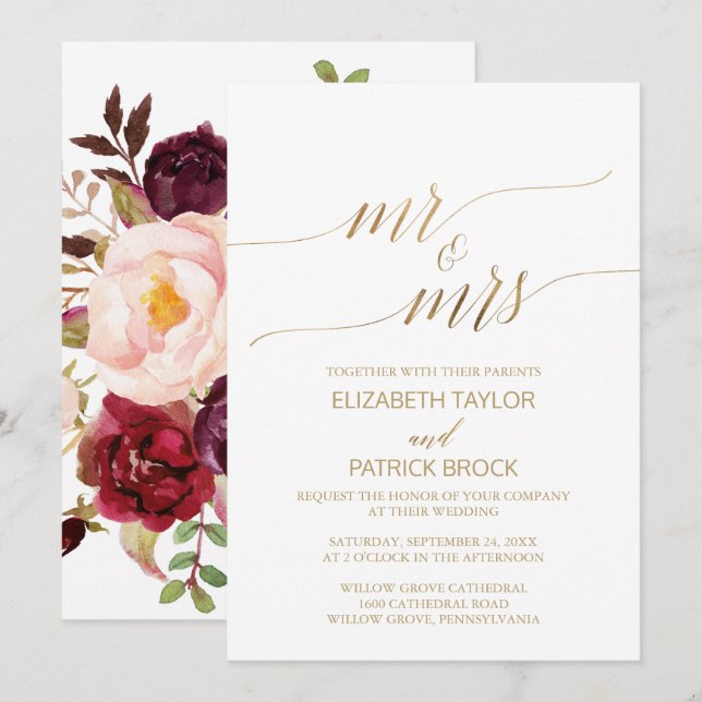 Invitation Élégante calligraphie Or Floral Mr & Mrs Mariage (Devant / Derrière)