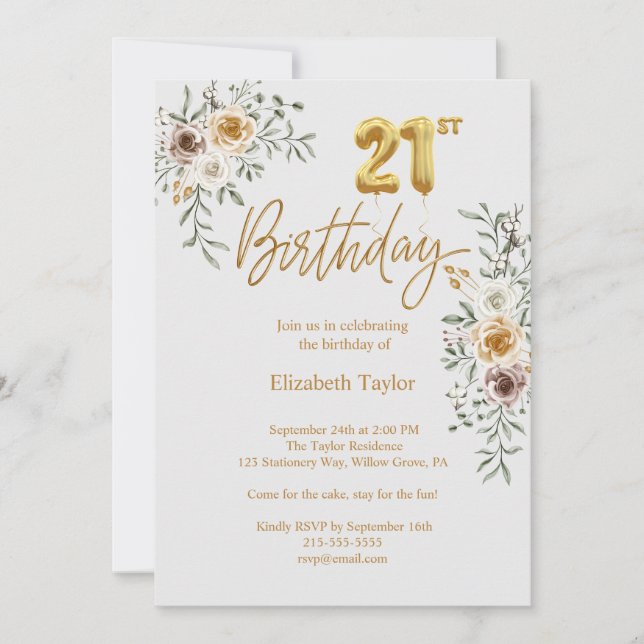Invitation Élégante calligraphie Or & Florals 21e anniversair (Devant)