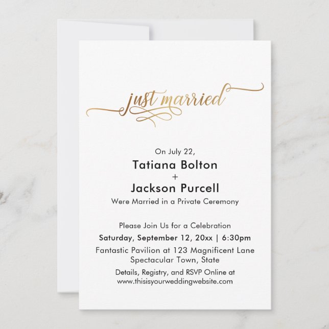 Invitation Élégante Calligraphie Or Juste Marié Réception (Devant)