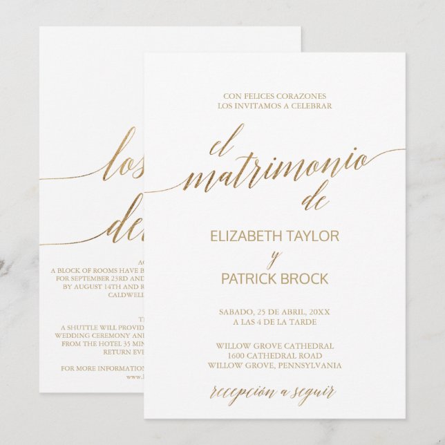Invitation Élégante calligraphie Or | Mariage Détails espagno (Devant / Derrière)