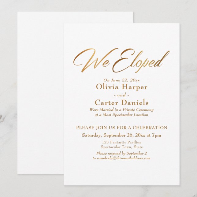 Invitation Élégante Calligraphie Or Nous Avons Elopé Réceptio (Devant / Derrière)