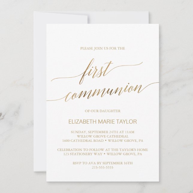 Invitation Élégante calligraphie or Première communion (Devant)