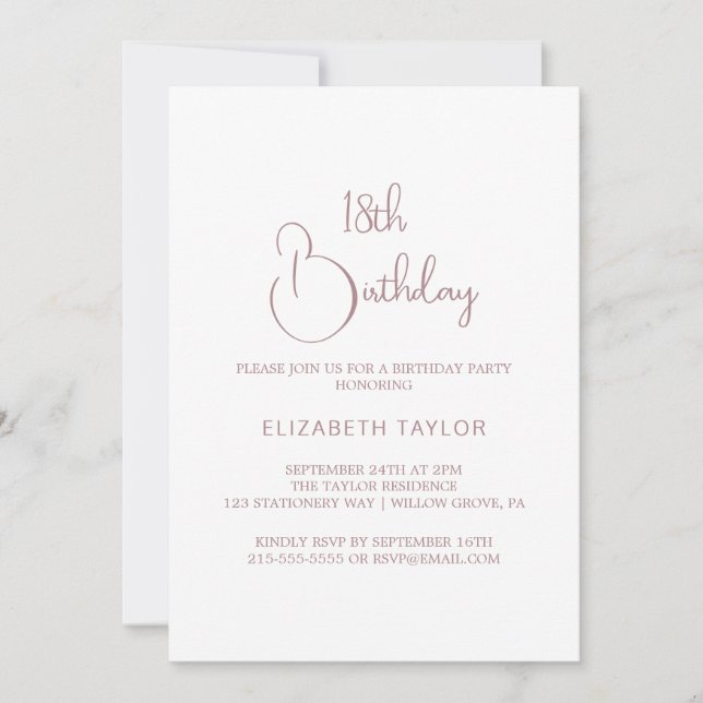 Invitation Élégante calligraphie or Rose 18e anniversaire (Devant)