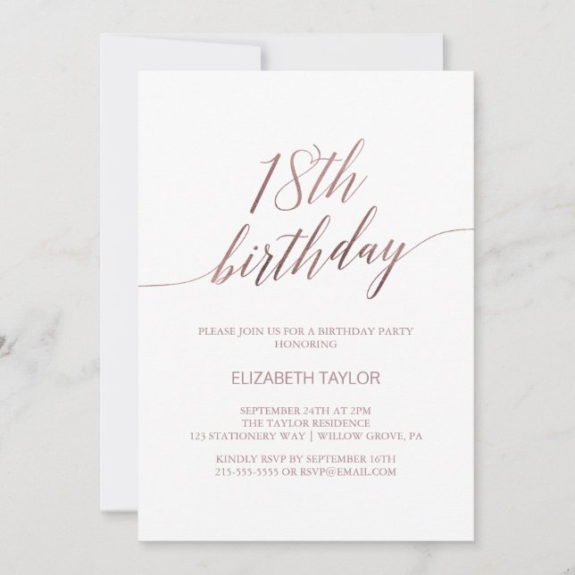 Invitation Élégante calligraphie or Rose 18e anniversaire (Devant)