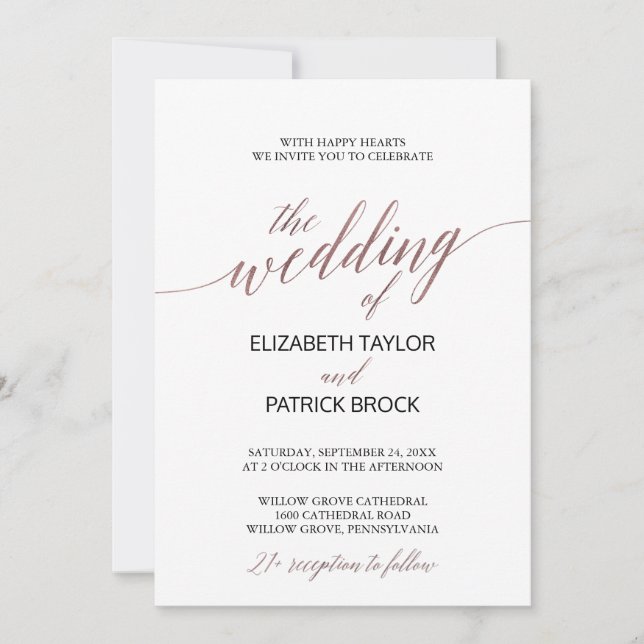 Invitation Élégante calligraphie or Rose 21+ Mariage (Devant)