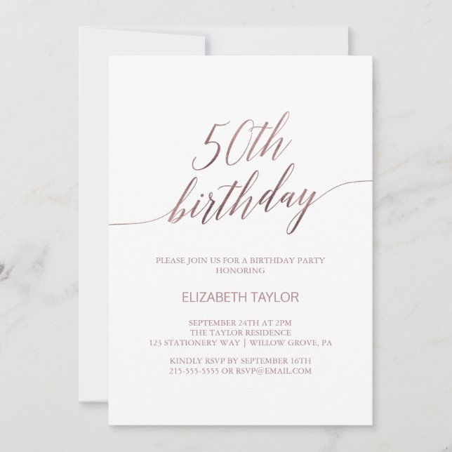 Invitation Élégante calligraphie or Rose 50e anniversaire (Devant)