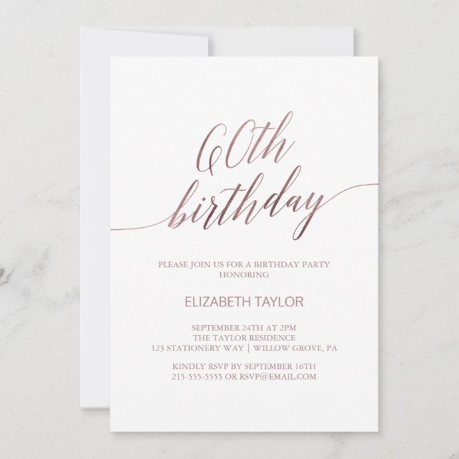 Invitation Élégante calligraphie or Rose 60e anniversaire (Devant)