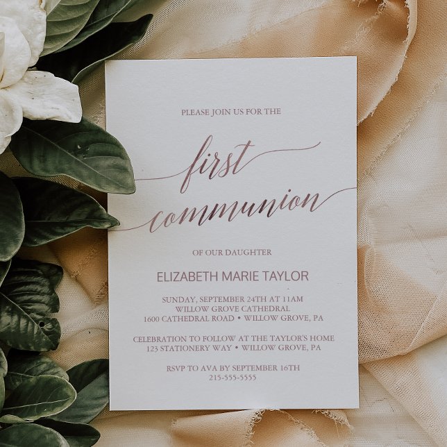 Invitation Élégante calligraphie or Rose première communion (Créateur téléchargé)