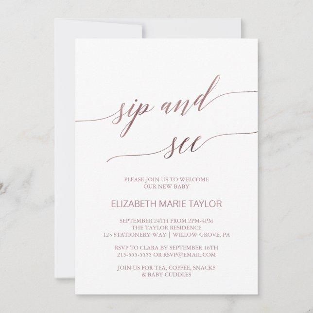 Invitation Élégante calligraphie or Rose Sip and See (Devant)