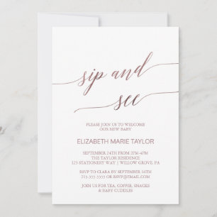 Invitation Élégante calligraphie or Rose Sip and See