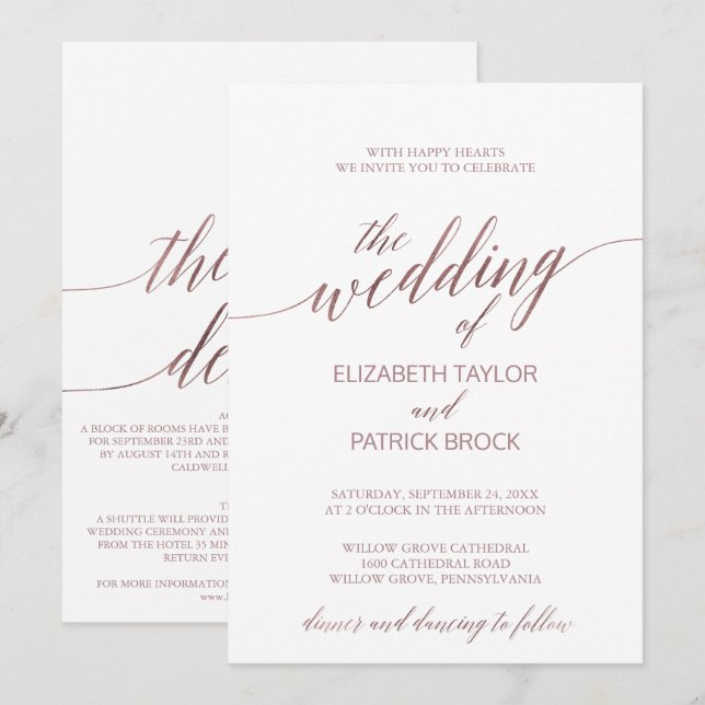Invitation Élégante calligraphie Or Rose Tout en un Mariage (Devant / Derrière)