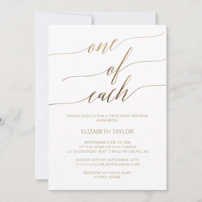 Invitation Élégante Calligraphie Or Un De Chaque Baby shower (Devant)
