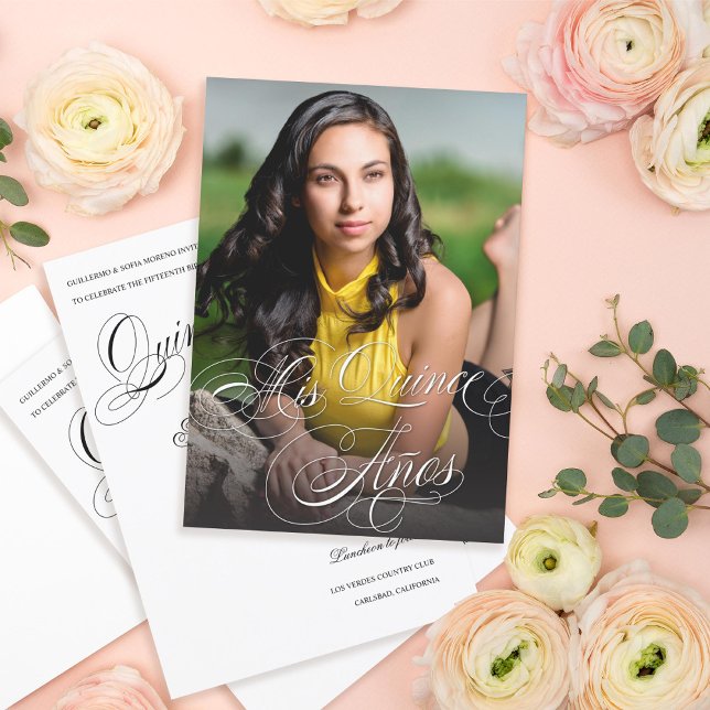 Invitation Élégante calligraphie photo Quinceañera (Créateur téléchargé)