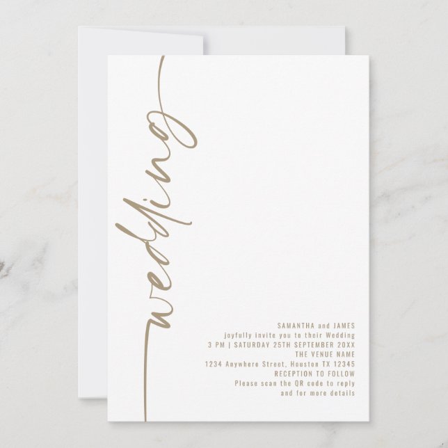Invitation Élégante calligraphie QR Code Champagne Gold Maria (Devant)