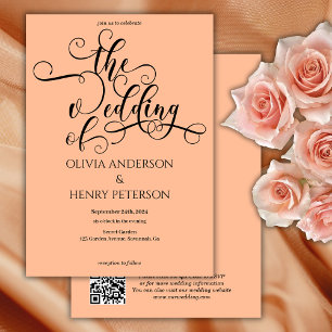 Invitation Élégante calligraphie romantique Peach Mariage QR 