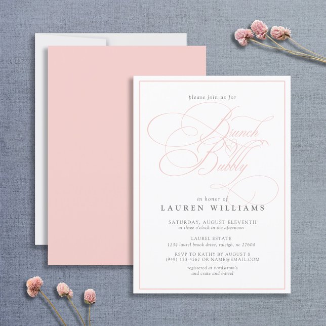Invitation Élégante calligraphie rose Brunch Formel & Bubbly (Créateur téléchargé)