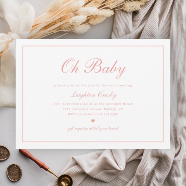 Invitation Élégante calligraphie rose Oh Baby Girls Baby show (Elegant calligraphy script girlsl baby shower invitations.)