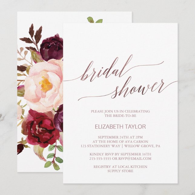 Invitation Élégante calligraphie Rose or Fête des mariées flo (Devant / Derrière)