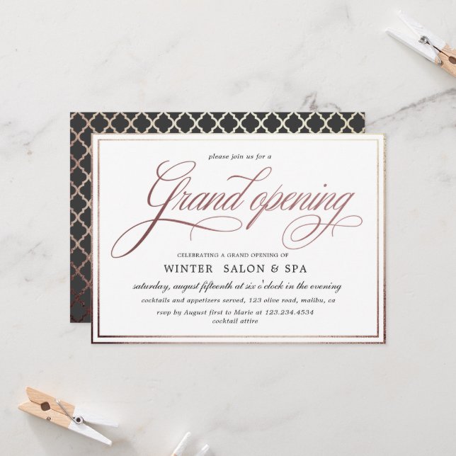 Invitation élégante calligraphie rose or Grand ouverture (Devant/Arrière en situation)