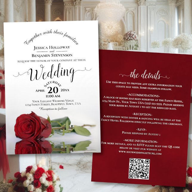 Invitation Élégante calligraphie Rouge Rose QR Code Mariage (Front/Back with Rectangle Cut)
