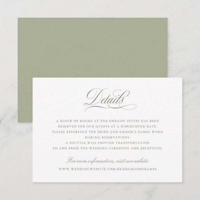 Invitation Élégante calligraphie Script Sage Green Détails (Devant / Derrière)