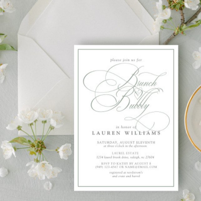 Invitation Élégante calligraphie verte Sage Brunch & Bubbly (Créateur téléchargé)